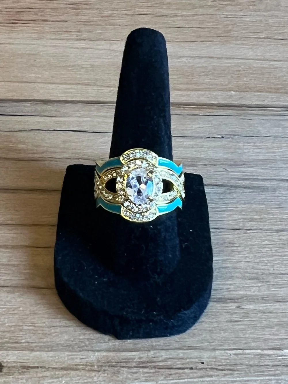 Gold-Tone Clear Oval Stone Center  Turquoise Accents Triple Band Ring Size 7